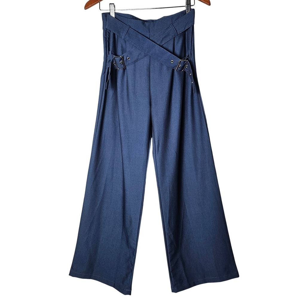 Cider Navy‎ High Waist Wide Leg Belted Pants Criss Cross Buckle Dark Academia M